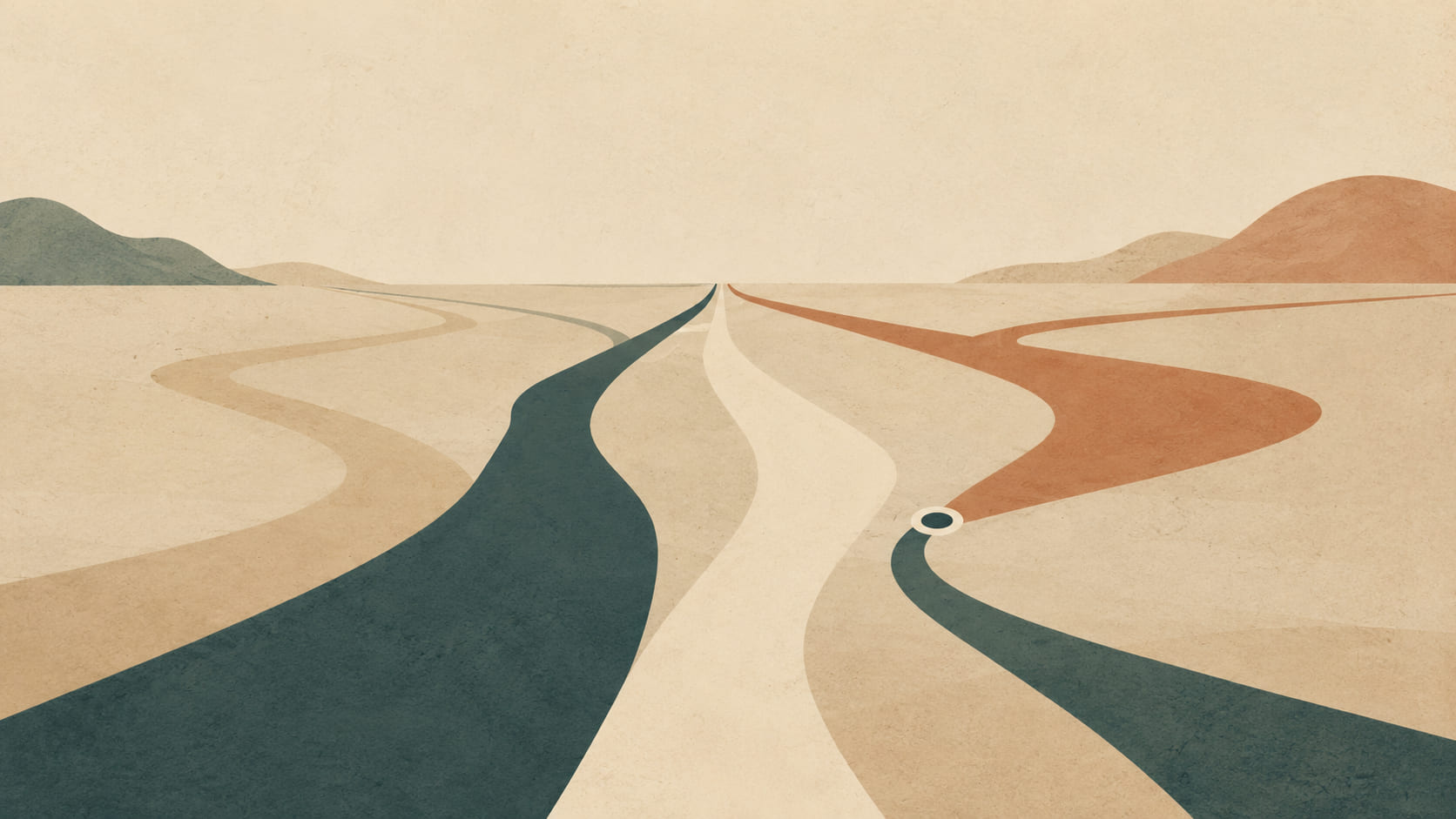 Several abstract paths in deep teal, sand, and soft clay branch and curve across a muted, textured landscape, with one path marked by a small circular waypoint.