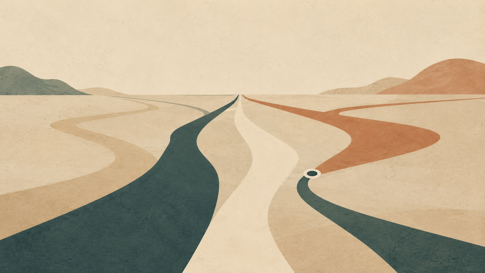 Several abstract paths in deep teal, sand, and soft clay branch and curve across a muted, textured landscape, with one path marked by a small circular waypoint.