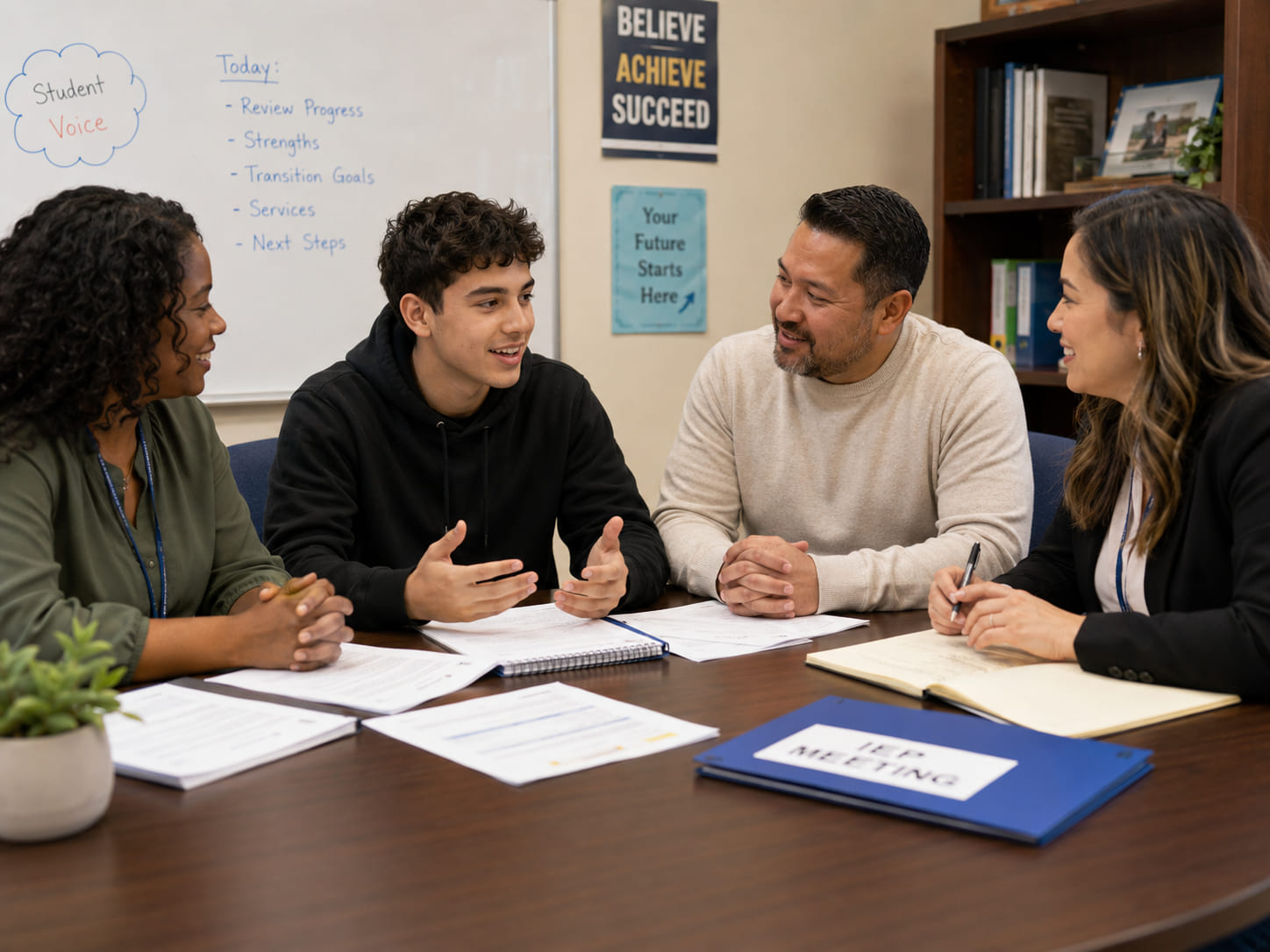 A student sitting at a table with family and school staff, sharing their own ideas during an IEP meeting.